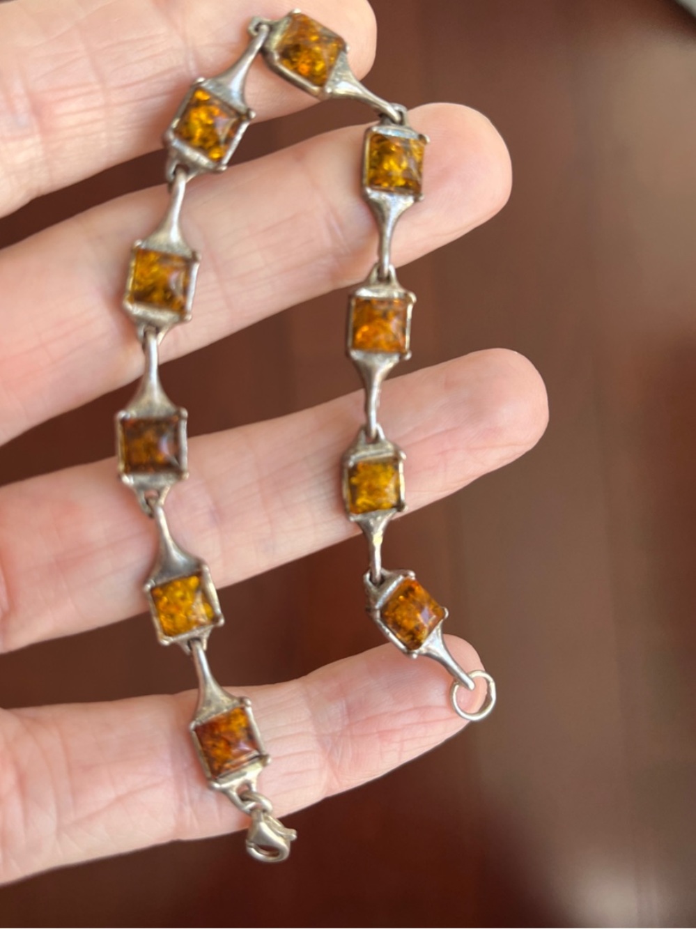 Sterling Silver Amber Link Bracelet - Brown Amber